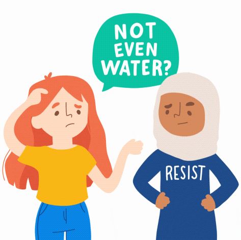 Cartoon of people talking about water during ramadan